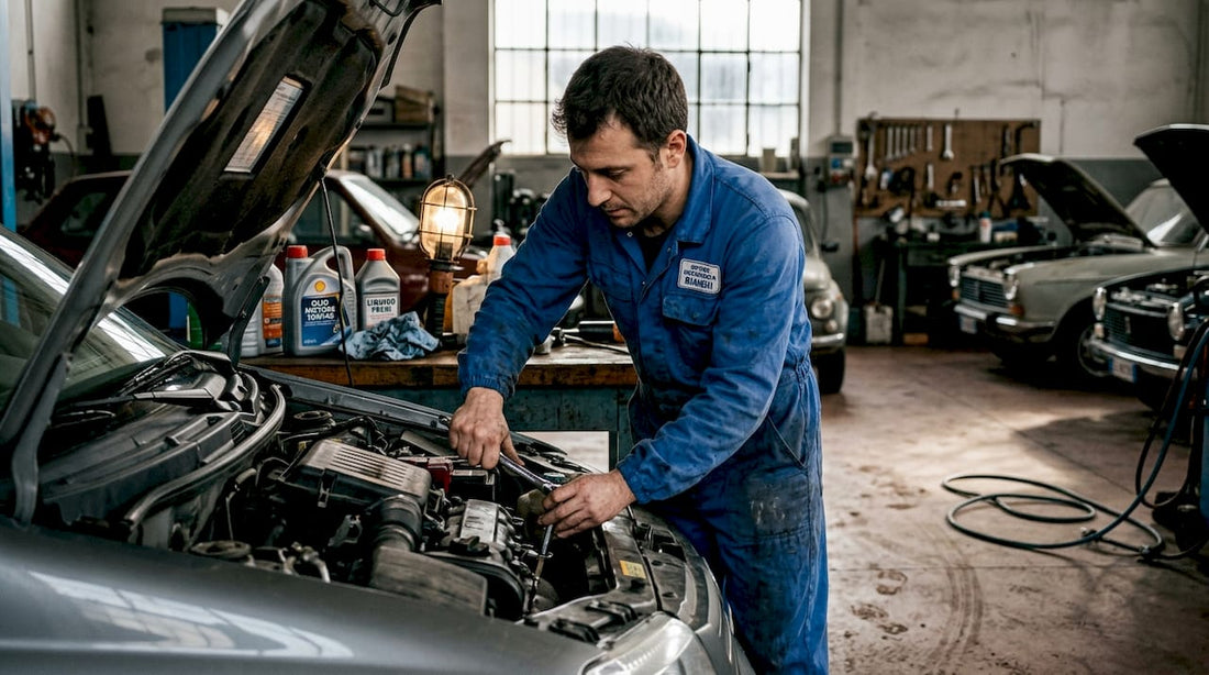 In officina, il meccanico si affida spesso a prodotti chimici specifici per svolgere al meglio il suo lavoro.