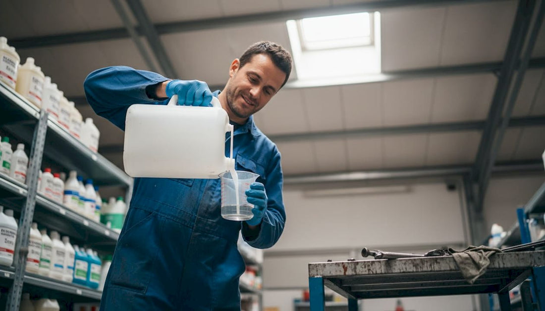 Un addetto tecnico sta versando del detergente concentrato all’interno del magazzino industriale.