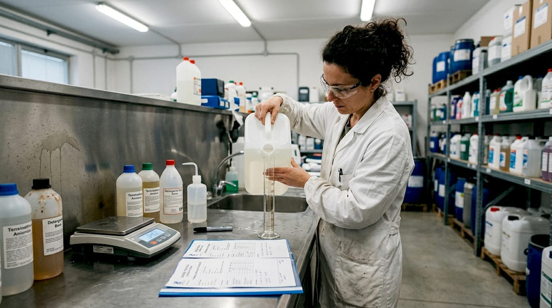 Un tecnico di laboratorio alle prese con la preparazione di un detergente specifico per uso tecnico.