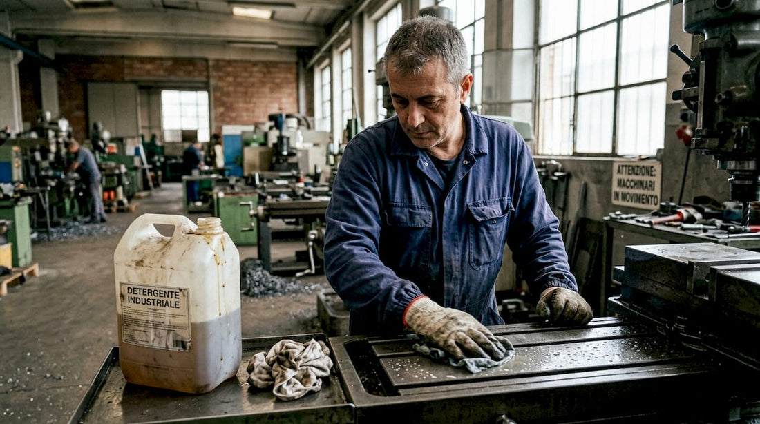 Un addetto si occupa della pulizia di un macchinario industriale utilizzando un apposito detergente.